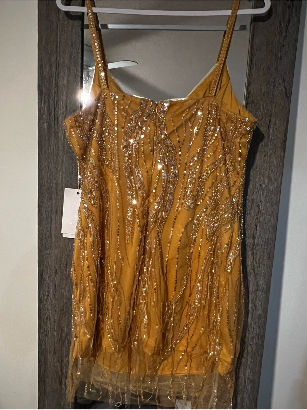 Sequin-Embellished gold Mini Dress with Spaghetti Straps